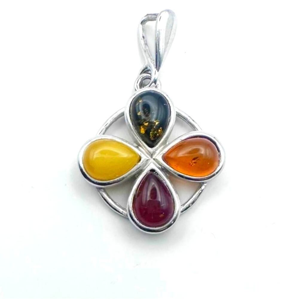 925 Sterling Silver Casual Boho Western Round Baltic Amber Pendant Yellow Orange